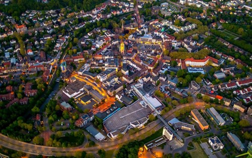 Aerial view, city centre and old town market with catholic church St. Lambertus, Castrop-Rauxel,