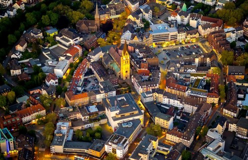 Aerial view, city centre and old town market with catholic church St. Lambertus, Castrop-Rauxel,