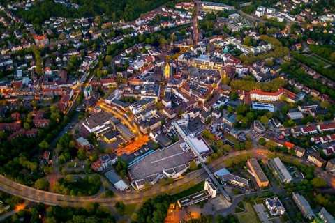 Aerial view, city centre and old town market with catholic church St. Lambertus, Castrop-Rauxel,