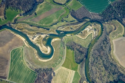 Aerial view, Lippe reorganisation, river Lippe, renaturation, new Lippe meanders, restoration of
