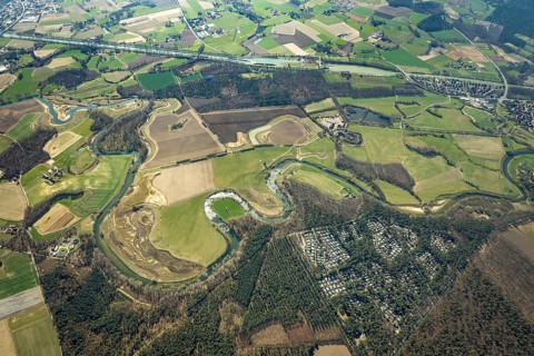 Aerial view, Lippe reorganisation, river Lippe, renaturation, new Lippe meanders, restoration of