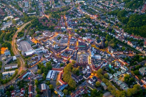 Aerial view, city centre and old town market with catholic church St. Lambertus, Castrop-Rauxel,