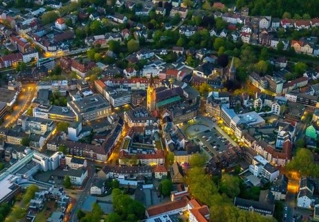 Aerial view, city centre and old town market with catholic church St. Lambertus, Castrop-Rauxel,
