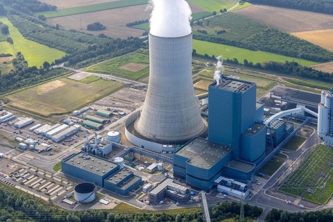 Aerial view of the power plant facilities and exhaust gas towers of the coal-fired power plant
