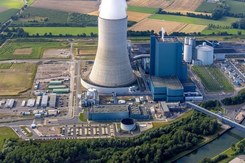 Aerial view of the power plant facilities and exhaust gas towers of the coal-fired power plant