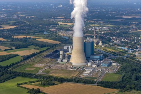 Aerial view of the power plant facilities and exhaust gas towers of the coal-fired power plant