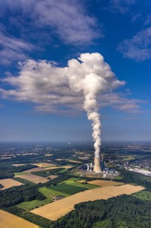 Aerial view of the power plant facilities and exhaust gas towers of the coal-fired power plant