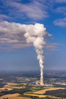 Aerial view of the power plant facilities and exhaust gas towers of the coal-fired power plant