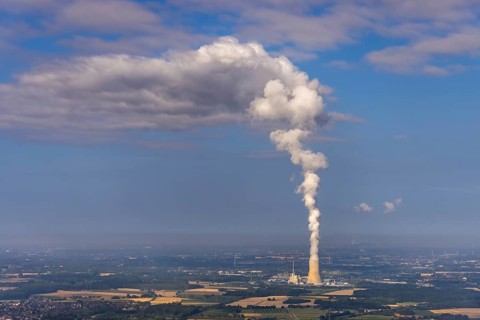 Aerial view of the power plant facilities and exhaust gas towers of the coal-fired power plant