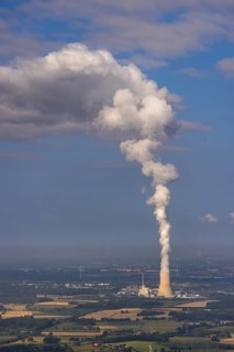 Aerial view of the power plant facilities and exhaust gas towers of the coal-fired power plant