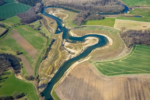 Aerial view, Lippe reorganisation, river Lippe, renaturation, new Lippe meanders, restoration of