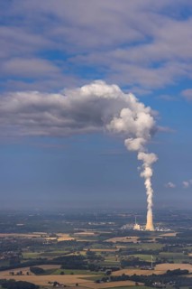 Aerial view of the power plant facilities and exhaust gas towers of the coal-fired power plant
