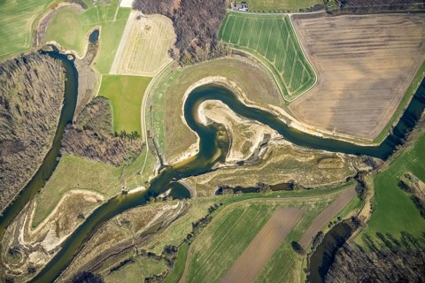 Aerial view, Lippe reorganisation, river Lippe, renaturation, new Lippe meanders, restoration of