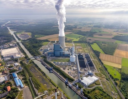 Aerial view of the power plant facilities and exhaust gas towers of the coal-fired power plant