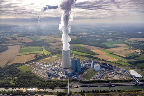 Aerial view of the power plant facilities and exhaust gas towers of the coal-fired power plant