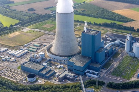Aerial view of the power plant facilities and exhaust gas towers of the coal-fired power plant
