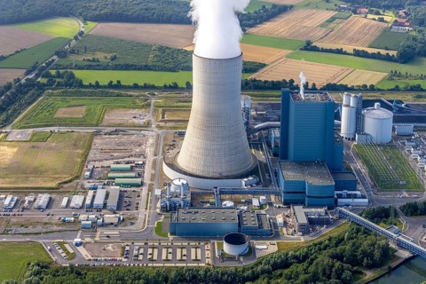 Aerial view of the power plant facilities and exhaust gas towers of the coal-fired power plant