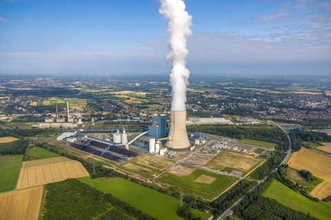 Aerial view of the power plant facilities and exhaust gas towers of the coal-fired power plant