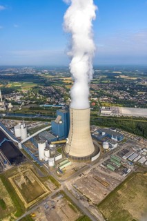 Aerial view of the power plant facilities and exhaust gas towers of the coal-fired power plant