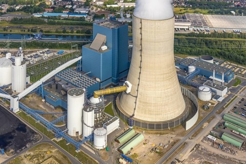 Aerial view of the power plant facilities and exhaust gas towers of the coal-fired power plant