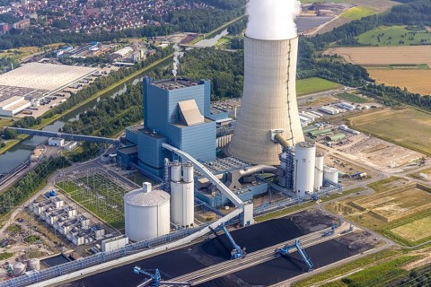 Aerial view of the power plant facilities and exhaust gas towers of the coal-fired power plant
