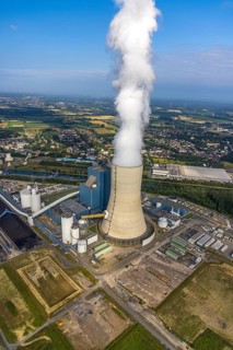Aerial view of the power plant facilities and exhaust gas towers of the coal-fired power plant