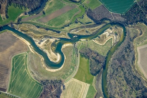 Aerial view, Lippe reorganisation, river Lippe, renaturation, new Lippe meanders, restoration of