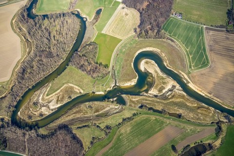 Aerial view, Lippe reorganisation, river Lippe, renaturation, new Lippe meanders, restoration of