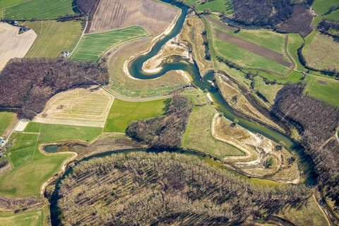 Aerial view, Lippe reorganisation, river Lippe, renaturation, new Lippe meanders, restoration of