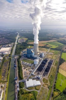 Aerial view of the power plant facilities and exhaust gas towers of the coal-fired power plant