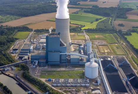 Aerial view of the power plant facilities and exhaust gas towers of the coal-fired power plant