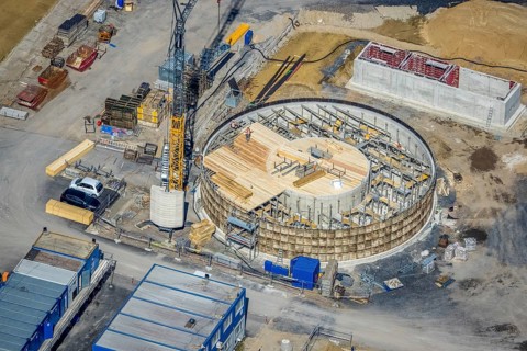 Aerial view, construction site new wood-fired power station at Thyssenstraße, Averbruch, Dinslaken,