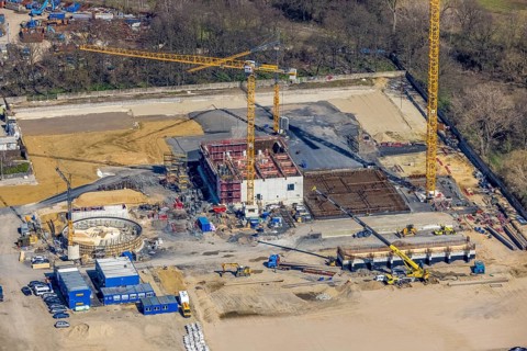 Aerial view, construction site new wood-fired power station at Thyssenstraße, Averbruch, Dinslaken,