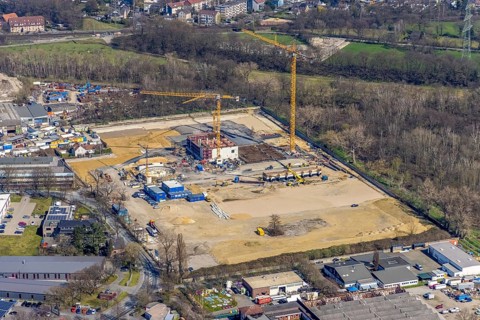 Aerial view, construction site new wood-fired power station at Thyssenstraße, Averbruch, Dinslaken,
