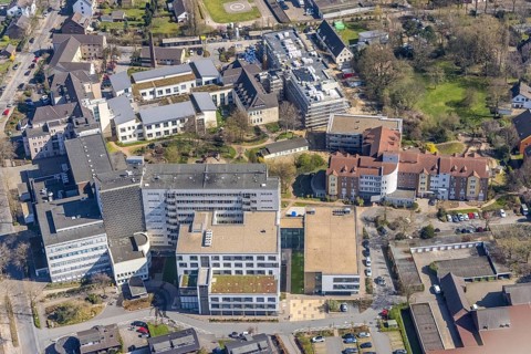 Aerial view, construction site at the Evang. Klinikum Niederrhein, St. Vinzenz-Hospital, Dinslaken,