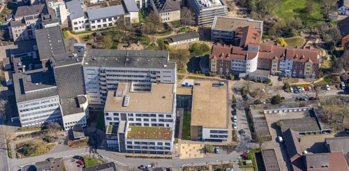 Aerial view, construction site at the Evang. Klinikum Niederrhein, St. Vinzenz-Hospital, Dinslaken,