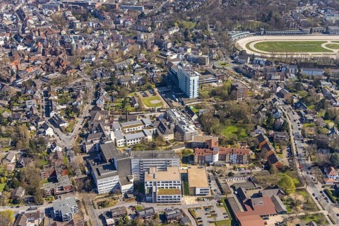 Aerial view, Construction site new building at the Evang. Klinikum Niederrhein, Evang. hospital, St