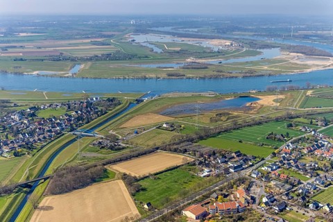 Aerial view, Rhine dyke construction site, Emscher estuary, Emscher estuary drop structure, Emscher