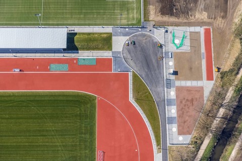Aerial view, construction site new football pitches and sports facility of Spiel- und Sportverein
