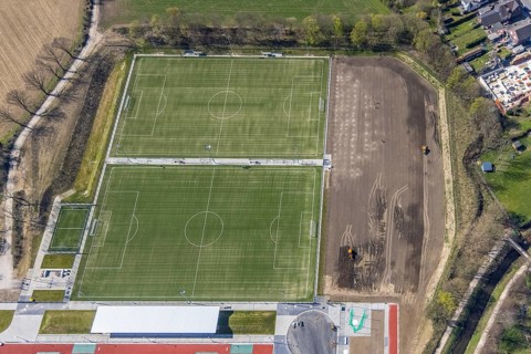 Aerial view, construction site new football pitches and sports facility of Spiel- und Sportverein