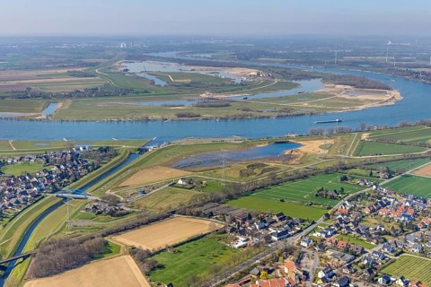 Aerial view, Rhine dyke construction site, Emscher estuary, Emscher estuary drop structure, Emscher