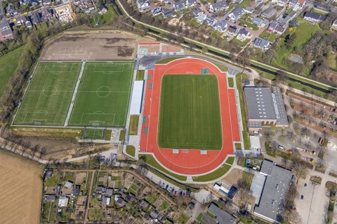 Aerial view, construction site new football pitches, sports facility, Spiel- und Sportverein 09 e.V