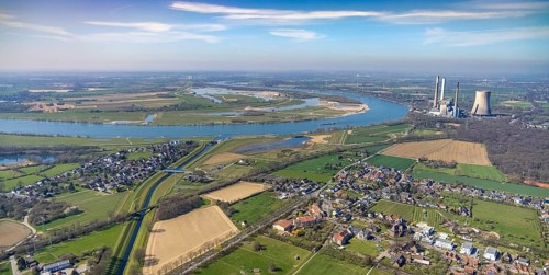 Aerial view, Rhine dyke construction site, Emscher estuary, Emscher estuary drop structure,