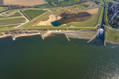 Aerial view, Rhine dyke construction site, new and old Emscher estuary, drop structure Emscher