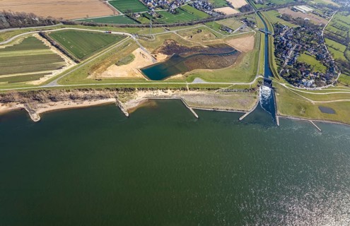 Aerial view, Rhine dyke construction site, new and old Emscher estuary, drop structure Emscher