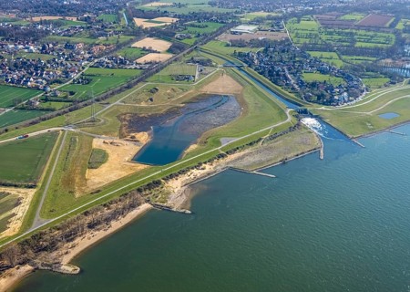 Aerial view, Rhine dyke construction site, new and old Emscher estuary, drop structure Emscher