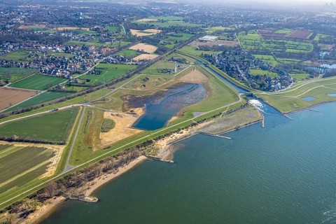 Aerial view, Rhine dyke construction site, new and old Emscher estuary, drop structure Emscher