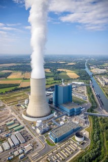 Aerial view of the power plant facilities and exhaust gas towers of the coal-fired power plant