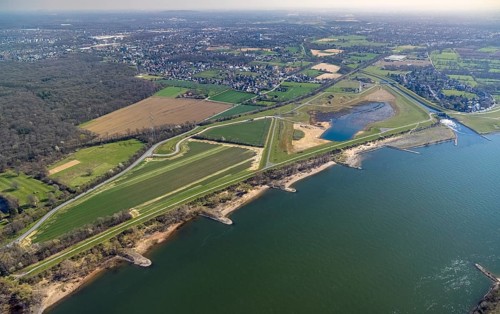 Aerial view, Rhine dyke construction site, new and old Emscher estuary, drop structure Emscher