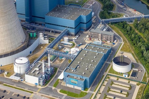 Aerial view of the power plant facilities and exhaust gas towers of the coal-fired power plant